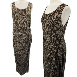 Vintage 90s Wrap Front Maxi Dress Side Tie Sleeveless Leaf Print Green Womens XL